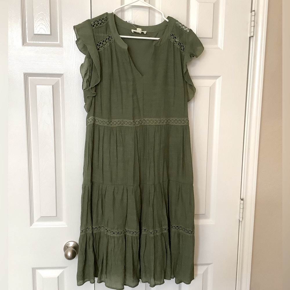 NWT Indigo Rose Green Ruffle Sleeve Dress Tiered Lined Lightweight L